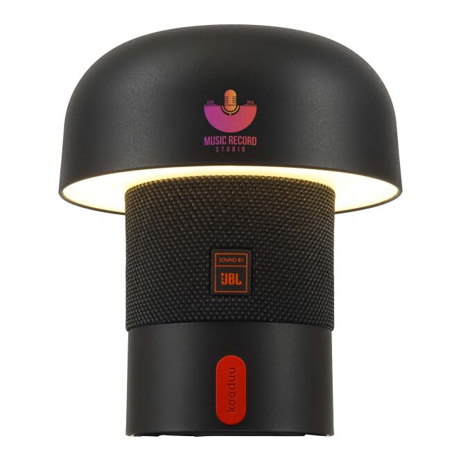 Firmengeschenk Kooduu Sensa Play Mini Bluetooth Lautsprecher – anthrazit – mit Logo bedruckt 48h Express-Druck 10W USB-C für das Onboarding