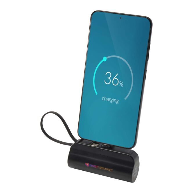 Premium-Werbeartikel Powerbank Alnair – schwarz – mit Logo bedruckt 48h Express-Druck 5000 mAh 10W USB-C nachhaltig für das Homeoffice