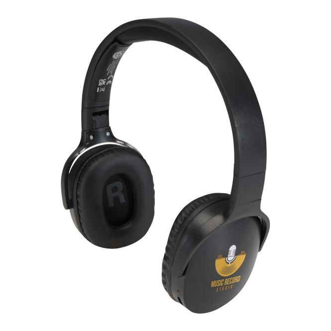 Premium-Werbeartikel Ancha Over-Ear Bluetooth Headset – schwarz – mit Logo bedruckt 48h Express-Druck, recycelt, 10h Laufzeit für Homeoffice