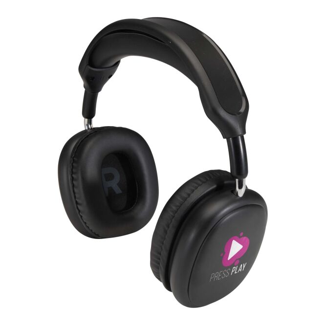 Premium-Werbeartikel Alzir Over-Ear Bluetooth Headset – schwarz – mit Logo bedruckt 48h Express-Druck recycelt für das Mitarbeiter-Onboarding
