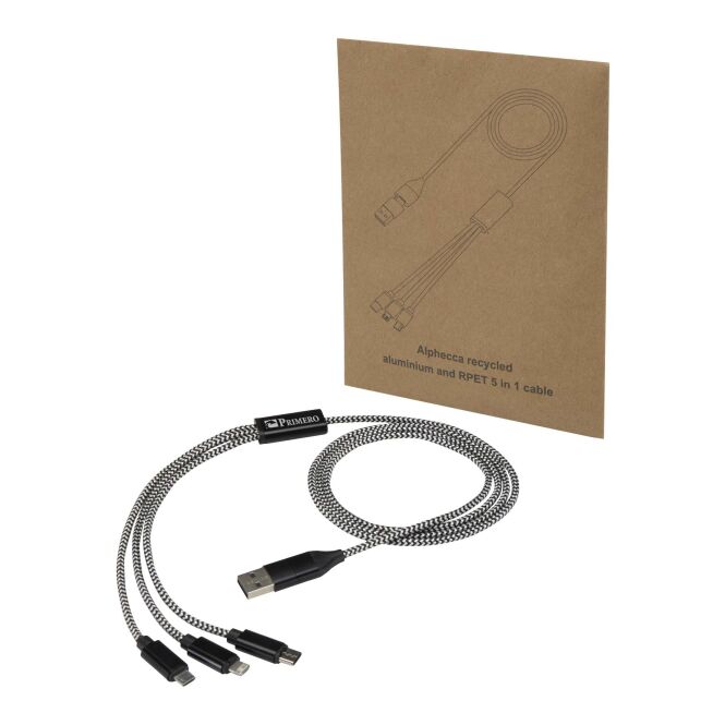 Werbeartikel Alphecca 5-in-1-Ladekabel – schwarz – mit Logo bedruckt 48h Express-Druck nachhaltig für den Büroalltag