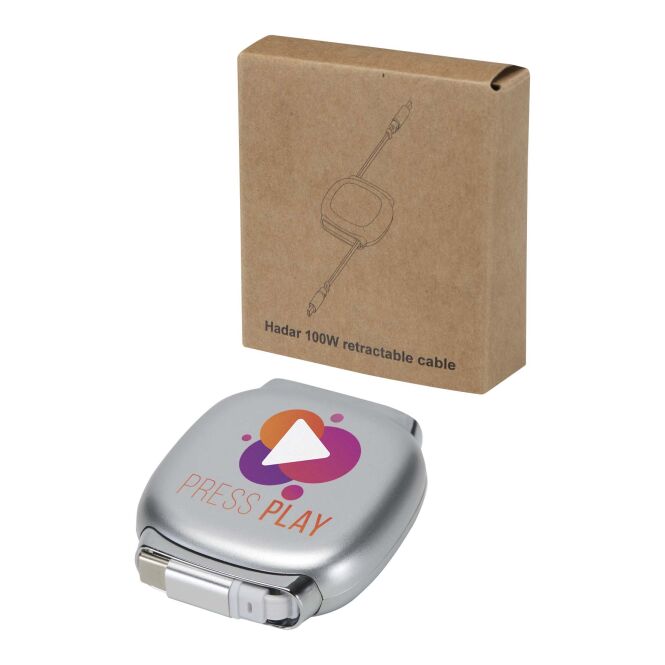 Werbeartikel Alphard Ladekabel – silber – mit Logo bedruckt 48h Express-Druck 100W PD-Ladefunktion aus recyceltem Kunststoff für den Büroalltag