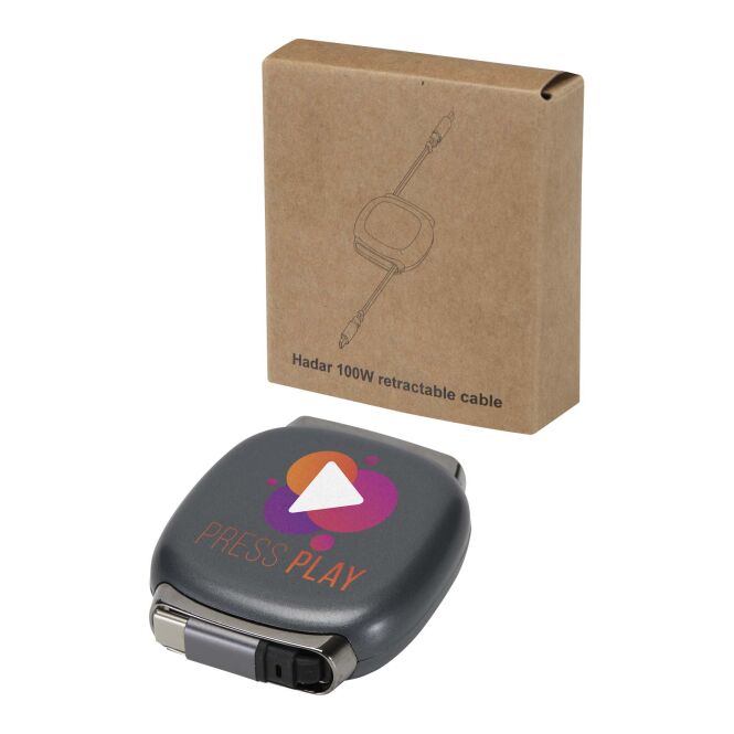 Werbeartikel Alphard 100 W CarPlay-Kabel – gun metal – mit Logo bedruckt 48h Express-Druck aus recyceltem Kunststoff für Technik-Messen