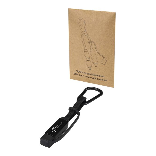 Firmengeschenk 3-in-1-Ladekabel Algieba 65 W – schwarz – mit Logo bedruckt 48h Express-Druck nachhaltig für den Büroalltag