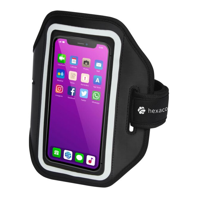 Streuartikel Haile Smartphone Armband – schwarz – mit Logo bedruckt 48h Express-Druck verstellbar 8x18cm für den Büroalltag