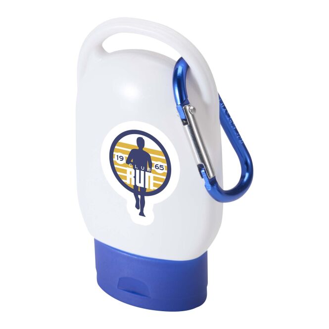 Werbeartikel Sonnencreme Rosie LSF 30 – blau – mit Logo bedruckt 48h Express-Druck für Strand-Promotions und Outdoor-Events