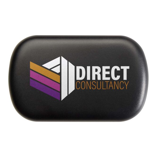 Kundengeschenk Hush Ohrstöpsel – schwarz – mit Logo bedruckt 48h Express-Druck in Etui aus recyceltem Kunststoff für Messen & Promotion