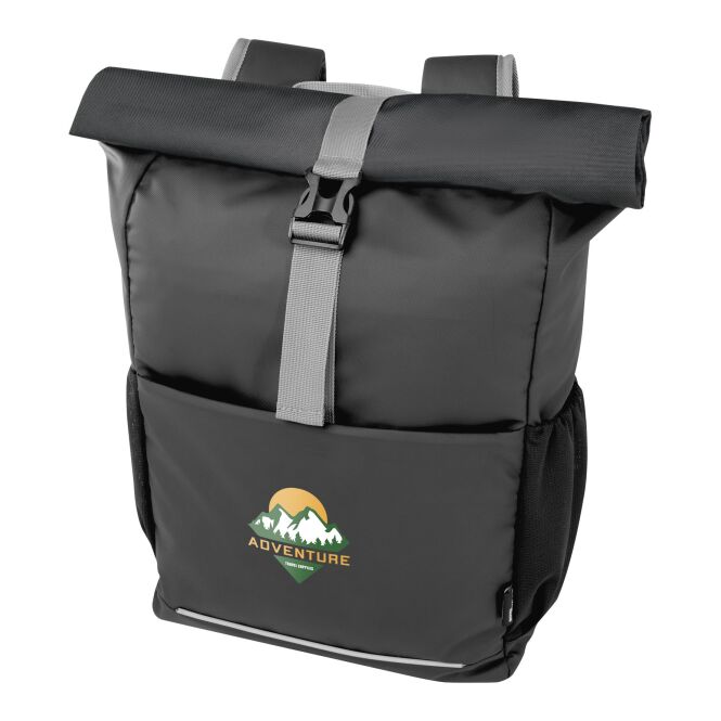 Firmengeschenk Fahrradtasche Aqua 15" – schwarz – mit 48h Express-Logodruck, 20L GRS-recycelt, wasserfestes nachhaltiges Reisegepäck