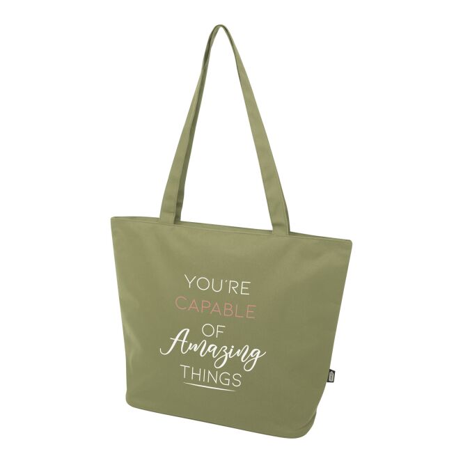 Firmengeschenk Tragetasche Panama – olive – mit 48h Express-Logodruck 20L 600D RPET GRS-zertifiziert nachhaltige Mehrzwecktasche