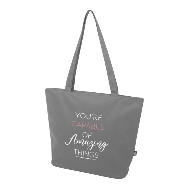 Firmengeschenk Tragetasche Panama – grau – mit 48h Express-Logodruck 20L 600D rPET 10kg belastbar nachhaltiger Shopper