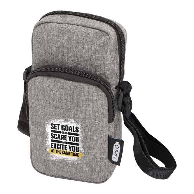 Werbeartikel Ross Handytasche – heather grau – mit Logo bedruckt 48h Express-Druck nachhaltige GRS-Tasche mit Powerbank-Fach für Messen