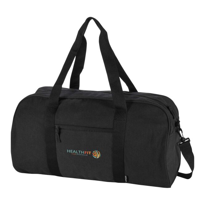 Mitarbeitergeschenk Reisetasche Recanvas 40L – schwarz – mit 48h Express-Logodruck 100% GRS recycelter Canvas nachhaltiges Reisegepäck