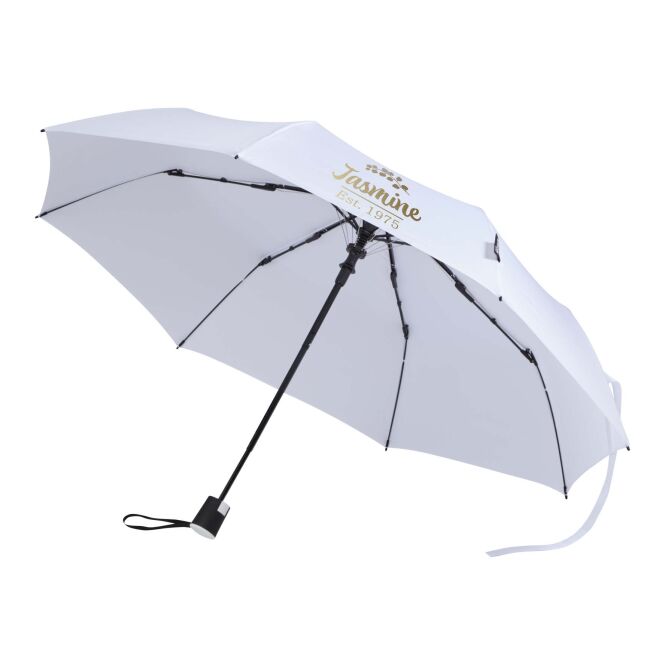 Werbeartikel Taschenschirm Agnes 21 Zoll – weiss – mit 48h Express-Druck Automatik & nachhaltig aus rPET als praktisches Messe-Giveaway