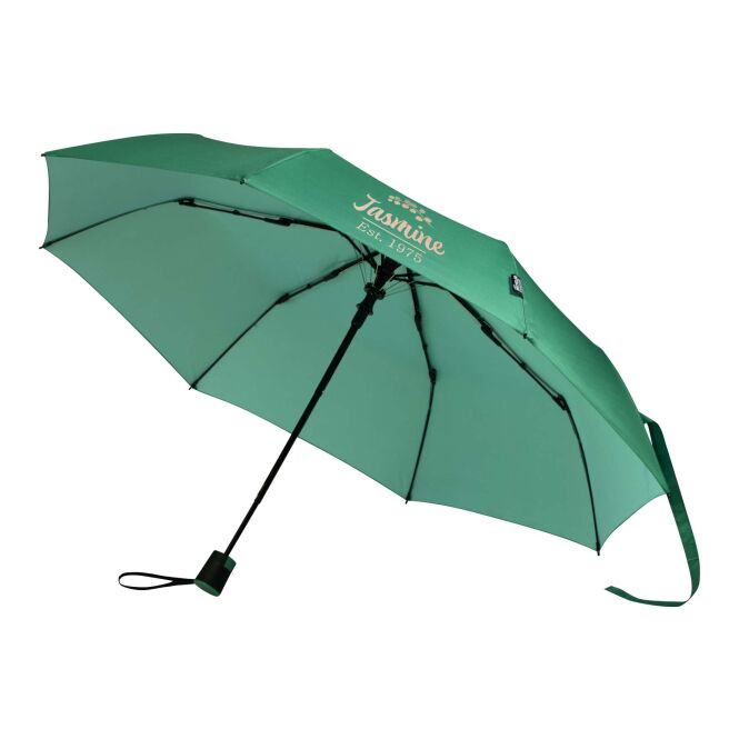 Werbeartikel Taschenschirm Agnes – grün – mit 48h Express-Druck, automatik, nachhaltiger rpet-schirm, 21 Zoll, als Messe-Giveaway