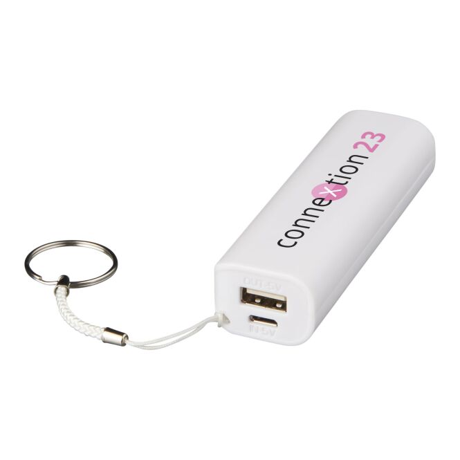 Werbeartikel Powerbank Span 1200 mAh – weiss – mit Logo bedruckt 48h Express-Druck für den Büroalltag