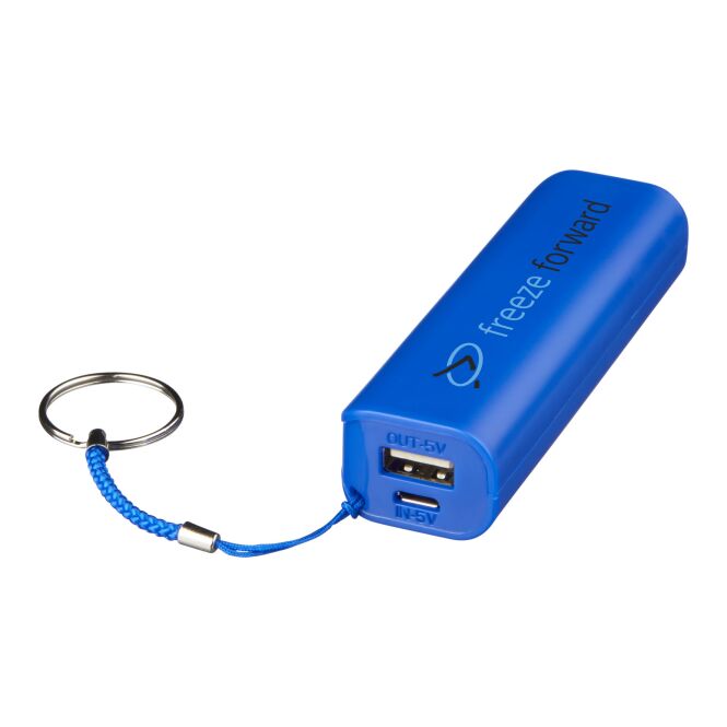 Werbeartikel Powerbank Span 1200 mAh – royalblau – mit Logo bedruckt 48h Express-Druck für Technik-Messen