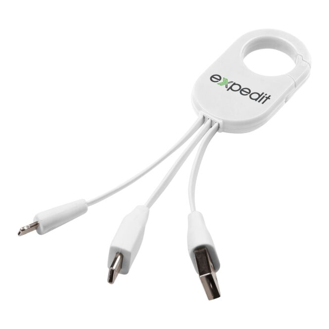 Streuartikel 3-in-1-Ladekabel Troop – weiss – mit Logo bedruckt 48h Express-Druck USB-C Apple Android Karabiner für den Büroalltag
