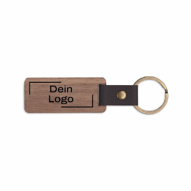 Firmengeschenk Schlüsselanhänger Walnuss-PU – holzfarben – mit Logo bedruckt nachhaltiger Anhänger für Geschäftspartner & Mitarbeiter