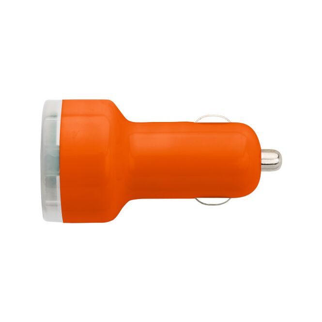 Mitarbeitergeschenk USB-KFZ Ladestecker Duo – orange – mit Logo bedruckt, 12/24 Volt, 2000 mA für die Stromversorgung im PKW