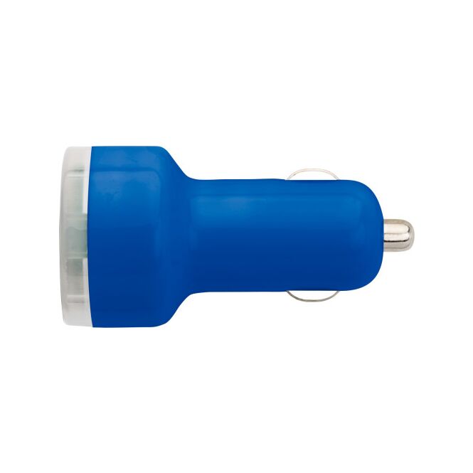 Mitarbeitergeschenk USB-KFZ Ladestecker Duo – kobaltblau – mit Logo bedruckt 12/24V 2000mA zur Stromversorgung im Dienstwagen