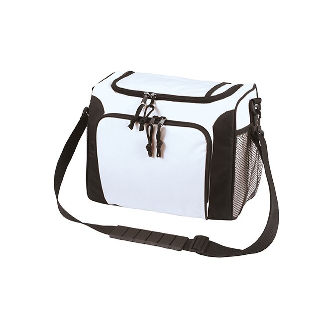 Firmengeschenk Kühltasche HALFAr SPORT – weiss – mit Logo bedruckt, mit Umhängegurt, isolierte Tasche für Messen & Events