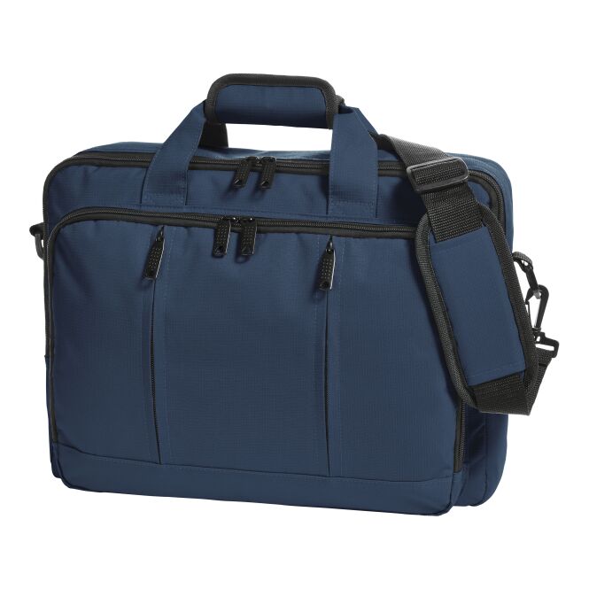Mitarbeitergeschenk Rucksack HALFAR ECONOMY – marineblau – mit Logodruck gepolstertes Notebookfach ideal für Firmenauftritt