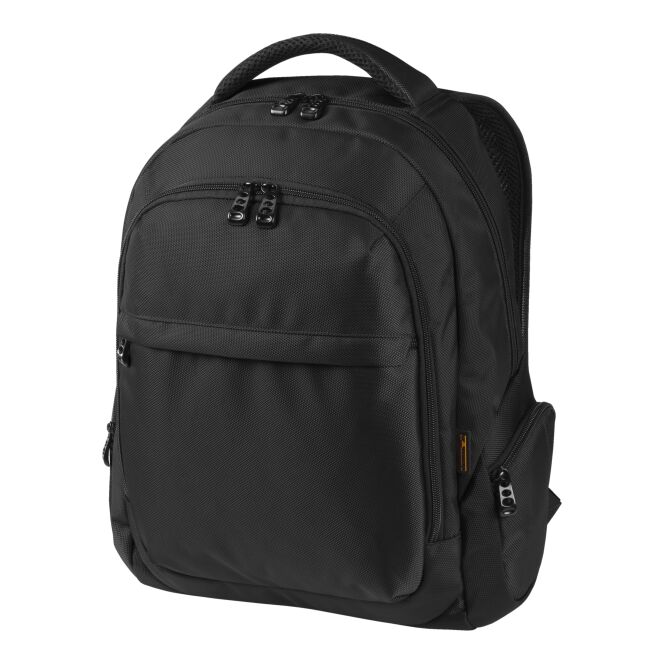 Mitarbeitergeschenk Rucksack HALFAR MISSION – schwarz – mit Logodruck gepolstertes Notebookfach, perfekt für den Firmenauftritt