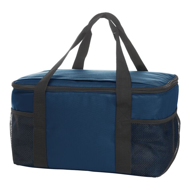 Firmengeschenk Kühltasche HALFAR FAMILY XL – marineblau – mit Logodruck 2-Wege-Reißverschluss & Netzfächern isolierte Tasche