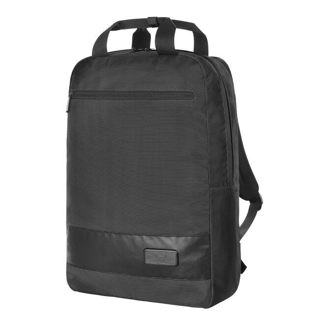 Mitarbeitergeschenk Rucksack HALFAR STAGE – schwarz – mit Logodruck gepolstertes Notebookfach idealer Business-Tagesrucksack