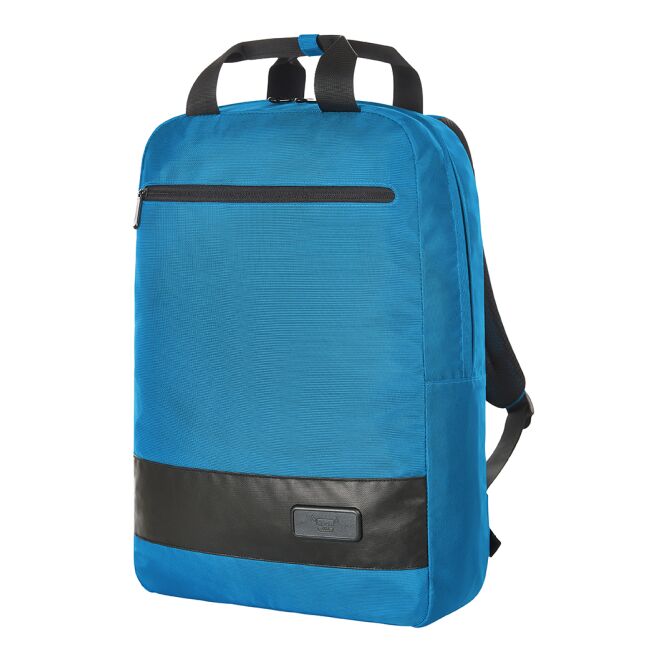 Mitarbeitergeschenk Rucksack HALFAR® STAGE – neonblau – mit Logodruck gepolstertes Notebookfach, perfekt für Firmenauftritt