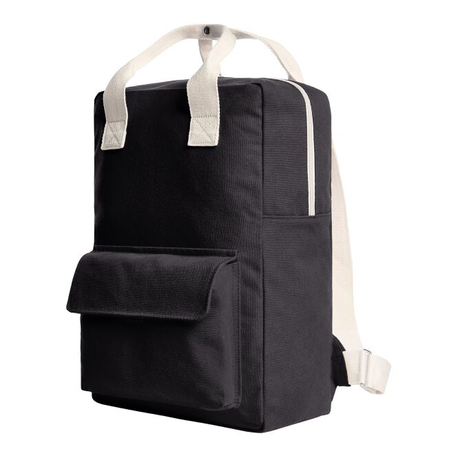 Mitarbeitergeschenk Rucksack HALF AR LIKE – schwarz – mit Logodruck, urbaner City-Bag mit Baumwollgurten für den Firmenauftritt