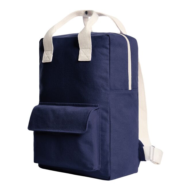 Kundengeschenk Rucksack HALFAR LIKE – marineblau – mit Logodruck, urbaner Tagesrucksack mit Baumwollgurt für Messen & Events
