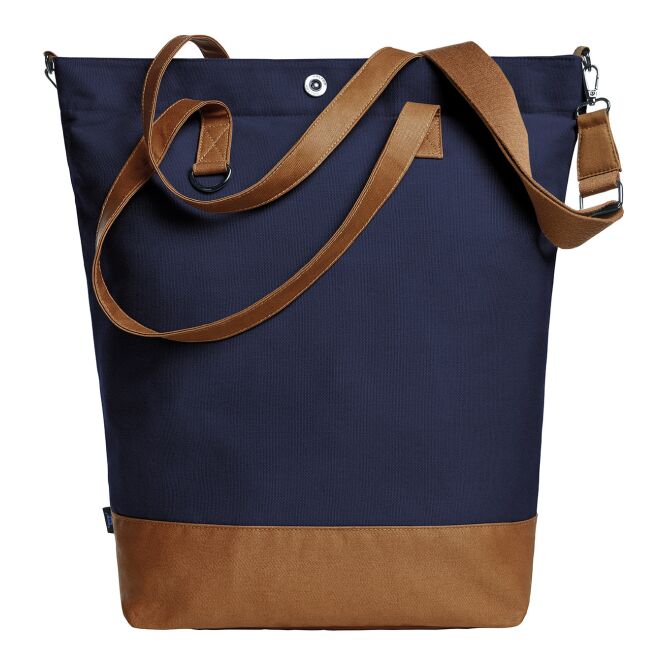 Firmengeschenk Shopper HALFAR® LIFE – marineblau-braun – mit Logodruck, Metall-Accessoires, Reißverschluss für Firmenauftritt