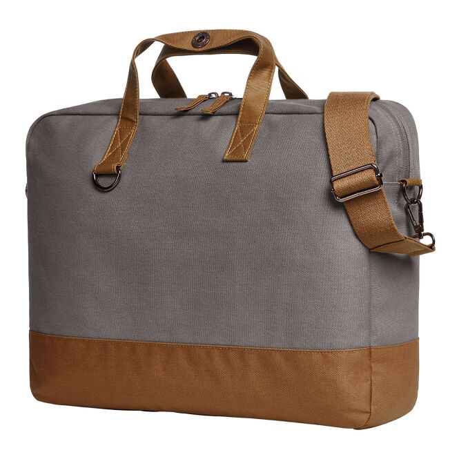 Firmengeschenk Laptoptasche HALFAR LIFE – grau-braun – mit Logodruck, gepolstertes Fach, Metall-Accessoires – hochwertige Notebooktasche