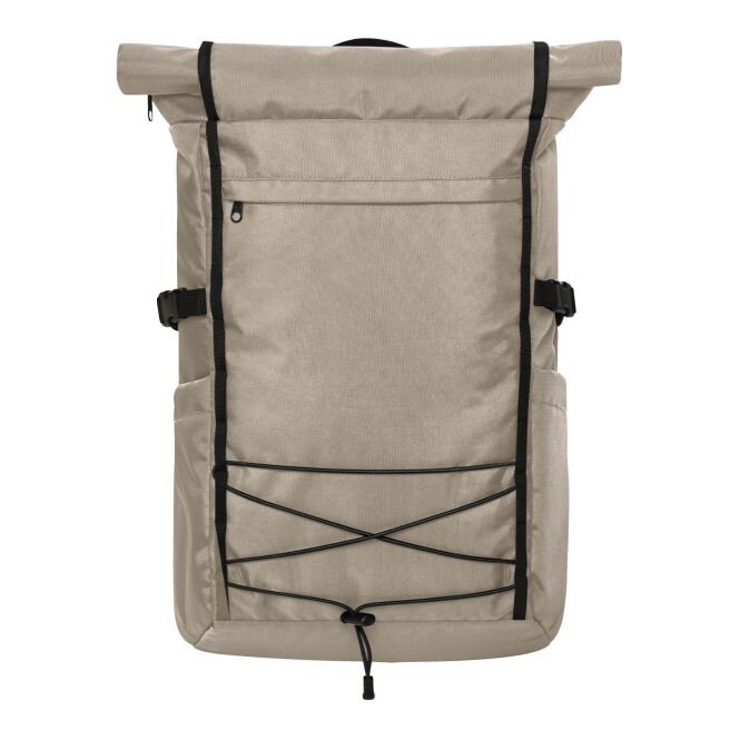 Mitarbeitergeschenk Rucksack HALFAR FLEX – beige – mit Logodruck, aus rPET, Notebookfach, funktionaler Reisebegleiter für Firmen
