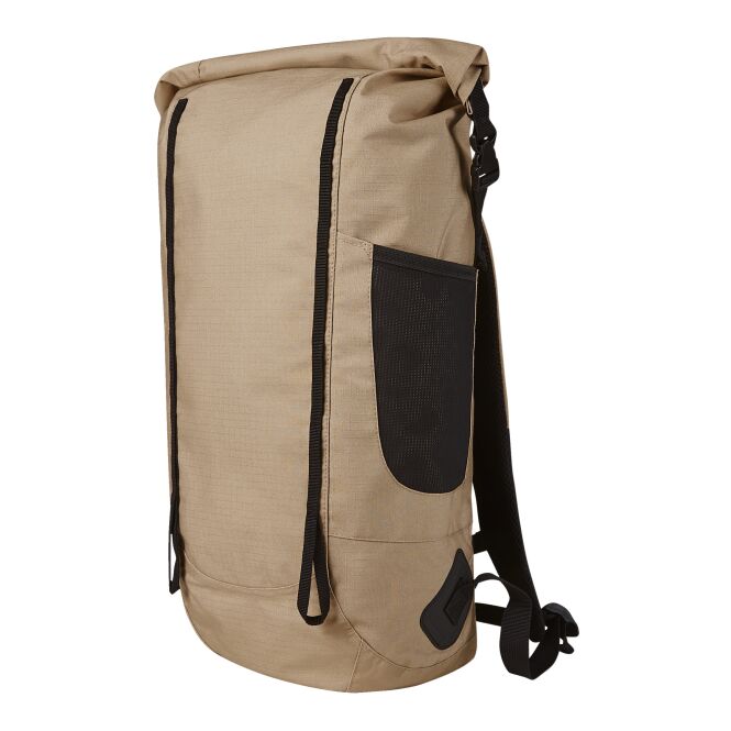 Mitarbeitergeschenk Rucksack HALFAR EXPLORE – beige – mit Logo bedruckt, wasserdichter Rolltop-Tagesrucksack für Firmen