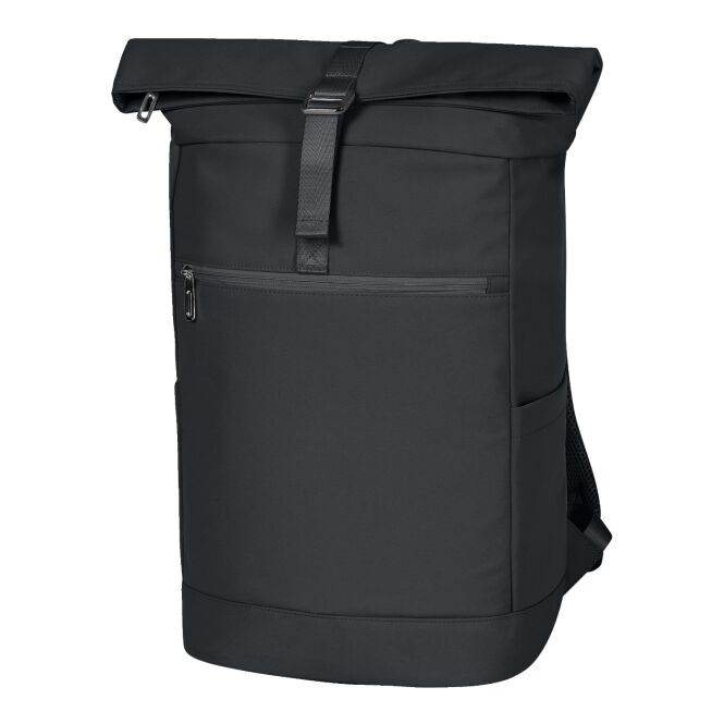 Mitarbeitergeschenk Laptop-Rucksack HALFAR STAR – schwarz – mit Logo bedruckt gepolstertes Notebookfach moderner Rolltop-Businessrucksack für den Firmenauftritt