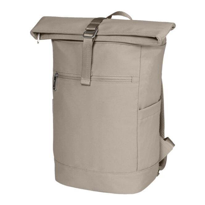 Mitarbeitergeschenk Rucksack HALFARR STAR S – beige – mit Logo bedruckt Rolltop-Modell mit gepolstertem Laptopfach für Firmen