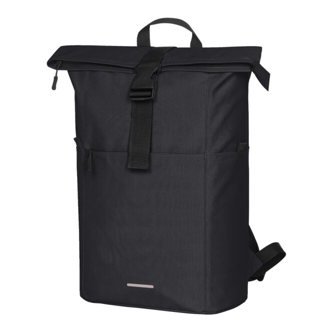 Mitarbeitergeschenk Rucksack HALFARR BASIC – schwarz – mit Logodruck recyceltes RPT-Material gepolstertes Laptopfach City-Tasche