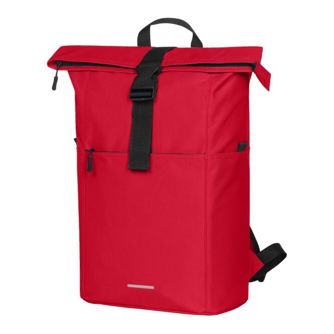 Mitarbeitergeschenk Rucksack HALFAR® BASIC – rot – mit Logodruck recyceltes Roll-Top Modell für den Firmenauftritt