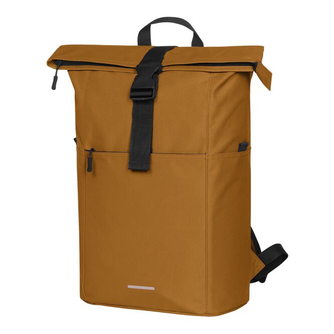 Mitarbeitergeschenk Rucksack HALFAR® BASIC – braun – mit Logodruck recycelter Roll-Top mit Reflexdruck für Firmen