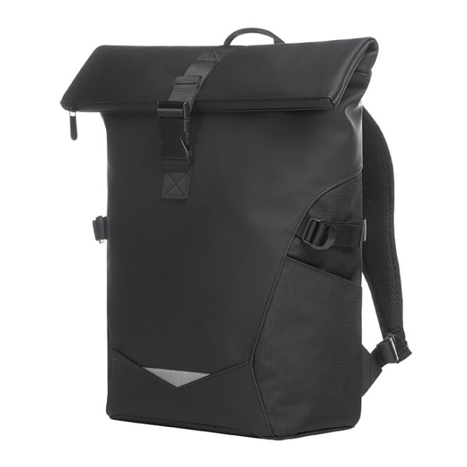 Mitarbeitergeschenk Rolltop-Rucksack HALFAR® ORBIT – schwarz – mit Logodruck gepolstertes Laptopfach perfekt für den Firmenauftritt