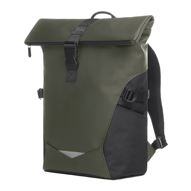 Mitarbeitergeschenk Rucksack HALFÅR ORBIT – olivgrün – mit Logo bedruckt, Rolltop mit Reflexeinsatz, praktischer Laptop-Daypack