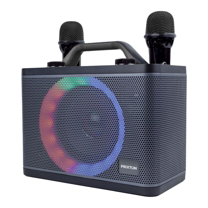 Kundengeschenk Karaoke-Maschine Prixton PartyGO – schwarz – mit Logo bedruckt – 2 Mikrofone, 4h Akku als mobiles Soundsystem