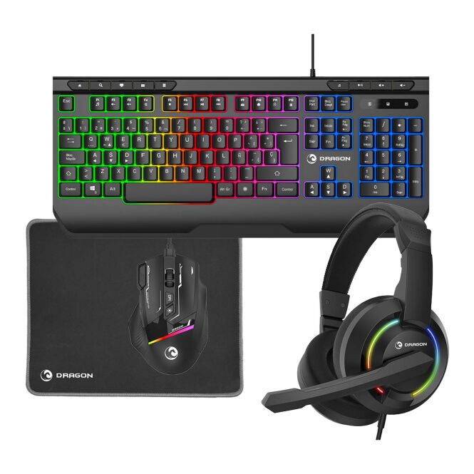 Mitarbeitergeschenk Prixton Dragon Gaming-Kit – schwarz – mit Logo bedruckt, Set aus Tastatur, Maus, Kopfhörer, Mousepad für Büroausstattung