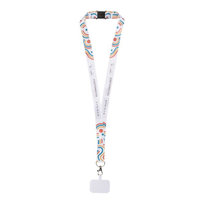 Werbeartikel Lanyard Addie – schwarz-weiss – mit individuellem Werbedruck 100% rPET 25mm mit Telefonhalterung nachhaltiges Umhängeband