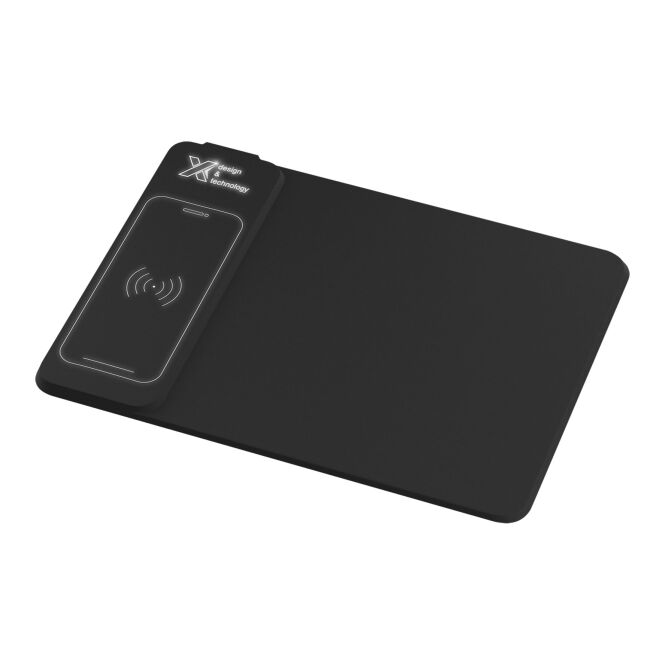 Mitarbeitergeschenk Induktions-Mousepad SCX.design O25 – schwarz – mit Logo bedruckt nachhaltig 10 W kabellos für das Homeoffice