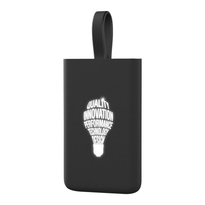 Premium-Werbeartikel SCX.design P05 Powerbank – schwarz – mit Logo bedruckt 1000 mAh 3-in-1 Kabel für das edle Kundenpräsent