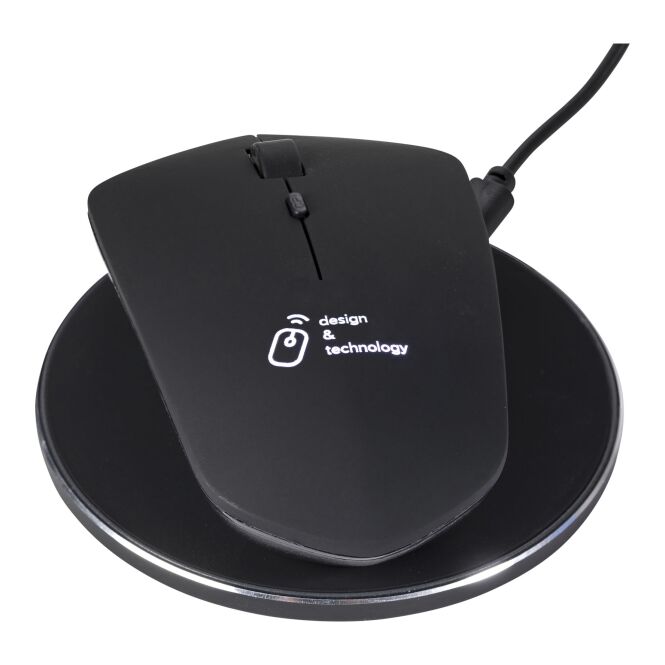 Mitarbeitergeschenk SCX.design O21 kabellose Maus – schwarz – mit Logo bedruckt, 10 W Induktionsmaus mit RPET-Kabel für die Büroausstattung