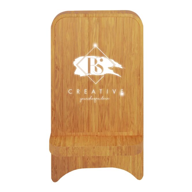 Premium-Werbeartikel Wireless Charger SCX.design W26 – holz – lasergraviert 10W nachhaltig 14x7x1,2cm für das Homeoffice
